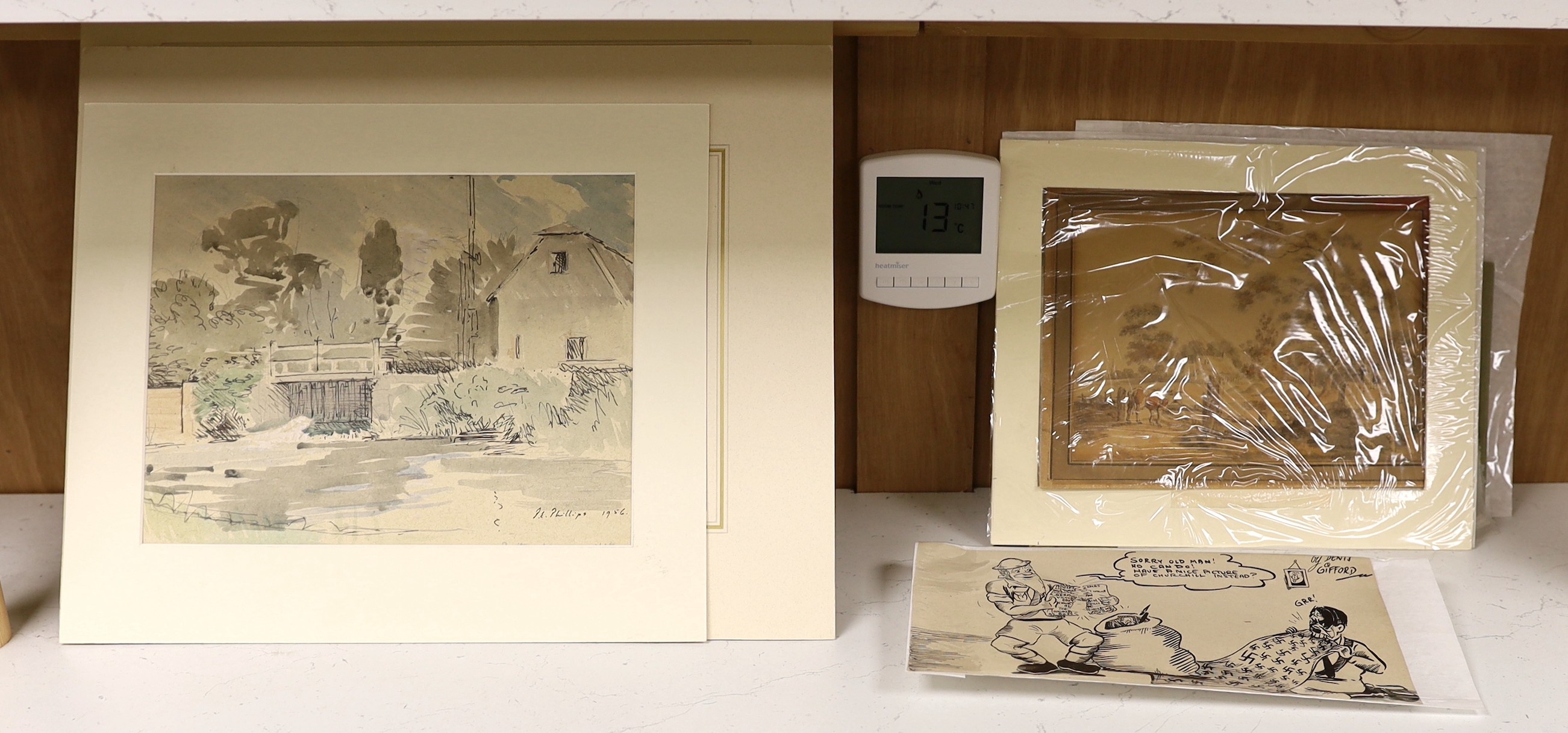 A group of assorted unframed watercolours and drawings including a landscape attributed to Paul Sandby, 16 x 22cm